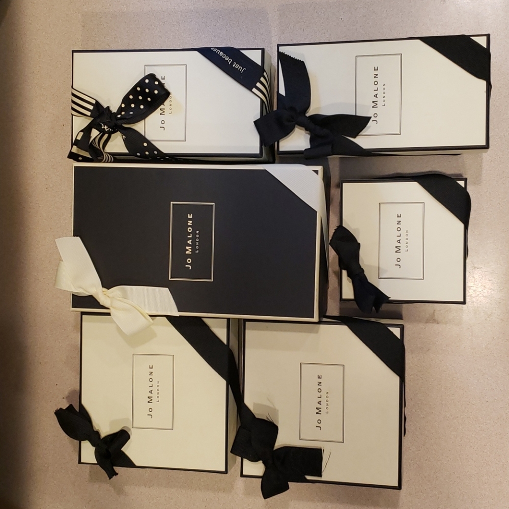 Empty Jo Malone Boxes with ribbon and black tissue paper. Various sizes.